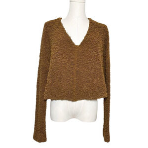 Free People Brown Cropped Popcorn V Neck Sweater Small Boho
